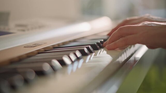 Closeup hands playing keyboard keys, detailed fingertip motion and arpeggio flow, warm daylight, patient practice building dexterity and subtle dynamics, focus on touch and sustain