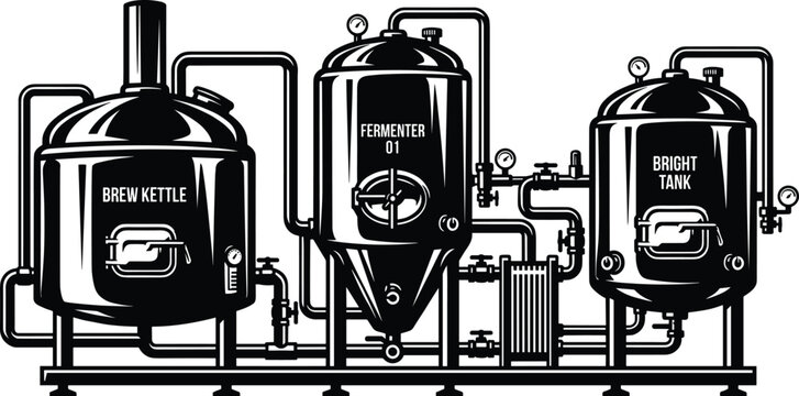 Industrial craft brewery system vector illustration with brew kettle fermenter and bright tank equipment for beer manufacturing factory logo