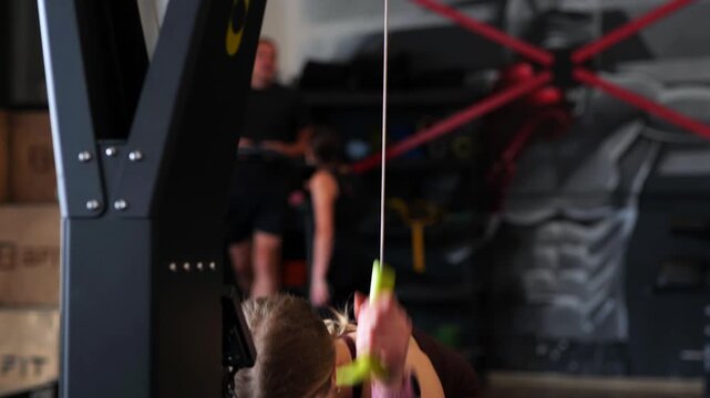 Sporty Woman Exercising On Ski Erg Machine In Gym