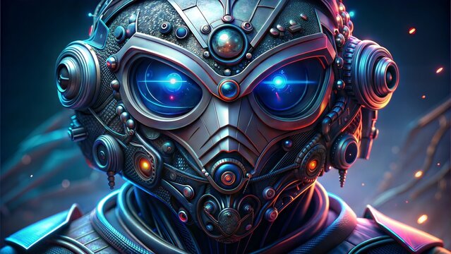 Intense close-up of a futuristic cybernetic alien or robot head with glowing blue eyes and complex circuitry