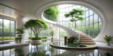 Fototapeta premium Serene modern interior with a central water feature, minimalist white walls, circular windows, and lush indoor trees
