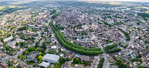 Panoramic aerial view around the old town of the city Sens in France on a sunny spring afternoon © Stefan