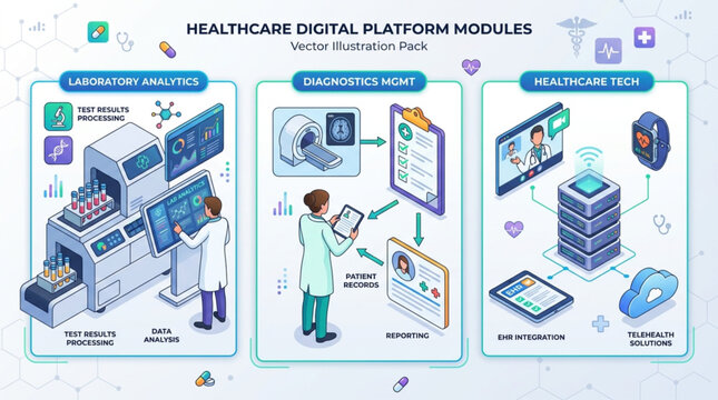 Healthcare digital platform modules illustration.