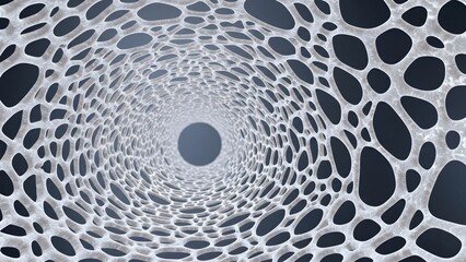 Obraz premium Abstract 3d tunnel structure featuring organic porous honeycomb cellular patterns with a depth of field effect creating a futuristic architectural visual backdrop