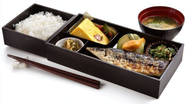 Japanese Bento Box Meal with Grilled Fish and Rice