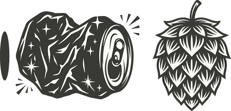 Vintage crushed aluminum beer can and hop cone vector illustration collection for craft brewery industry branding and pub logo