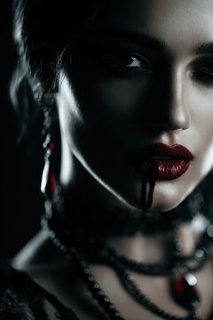 Cinematic shot of a gothic female vampire looking at the camera, dark eyeshadow, bloodstained lips, elegant jewelry. Pitch dark background, soft shadows, magazine cover style