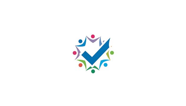 A stylized logo featuring a blue checkmark nestled within a circle of colorful star-like figures with interconnected arms. It suggests teamwork and approval