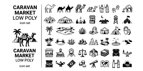 Desert Caravan Market Low Poly Black White-Camel Tent Oasis Angular Village-Trade Route Vector-Caravan Icon Low Poly-Arabic Market Design Set © T-Shop