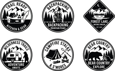 Fototapeta premium Vintage outdoor adventure badges collection with camping tents mountains backpack pocket knife camper trailer bear and forest lake emblems vector