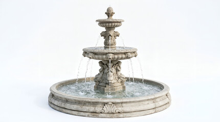 Fototapeta premium Classical stone tier fountain with flowing water isolated on white background