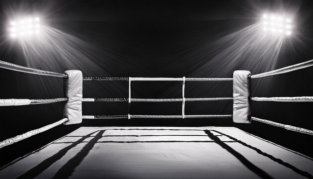 black and white image of a boxing ring with ropes and corner posts