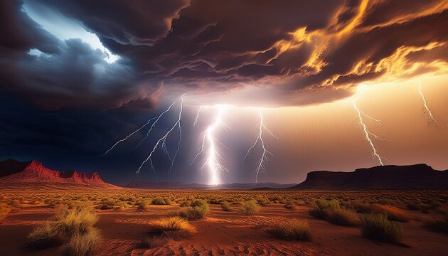 powerful lightning strike illuminating a stormy desert landscape keywords lightning storm thunder