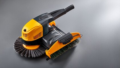 Naklejka premium top view of modern brush cutter on gray background