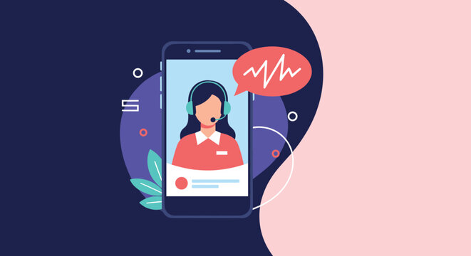 Digital customer support concept showing a female agent with a headset on a smartphone screen for online assistance.