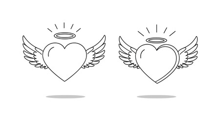 Obraz premium Set of two angel heart icons featuring feathered wings and glowing halos in a clean black and white line art style for romance and sympathy.