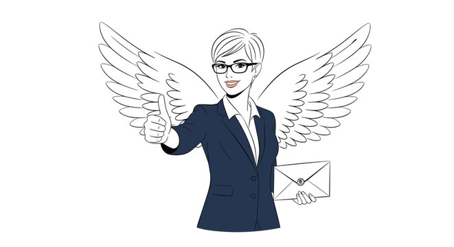 Successful professional woman in a suit depicted with large angel wings holding an envelope and giving a positive thumbs up gesture of approval.