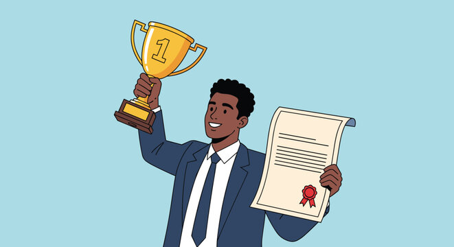 Successful black businessman in a suit holding a gold trophy and a merit certificate celebrating his professional achievement and career goal.