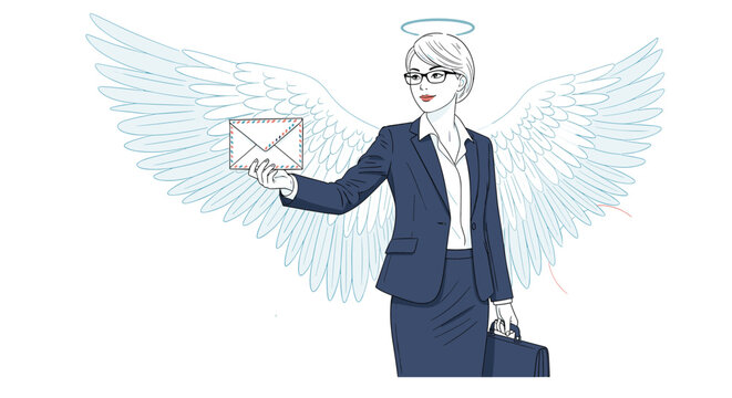 Graceful professional woman depicted as an angel with large wings holding an airmail envelope against a white background for communication.