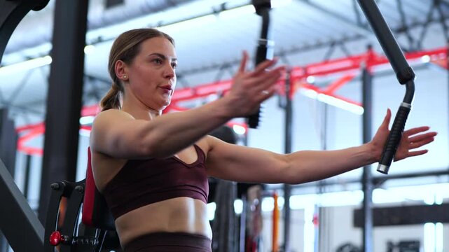 Fit Woman Using Pec Deck Machine During Chest Workout