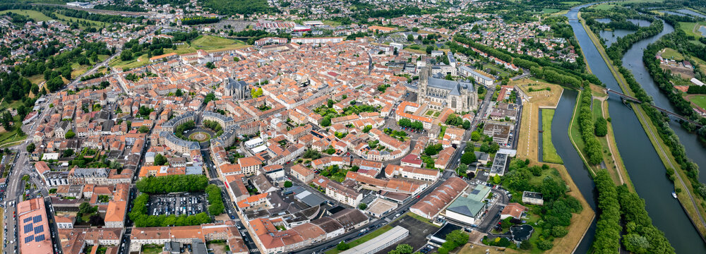 Panoramic aerial view around the old town of the city Toul in France on a sunny spring afternoon