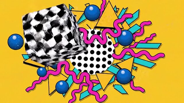 Retro checkerboard cube floating over grid and geometric collage
