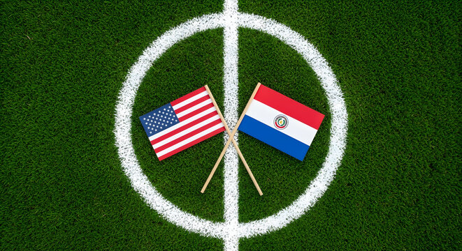 USA and Paraguay Crossed Flags on Soccer Field Stadium Background
