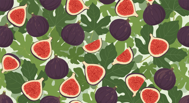 Vibrant seamless pattern of fresh purple figs and green fig leaves in various sizes and slices for a natural food background.