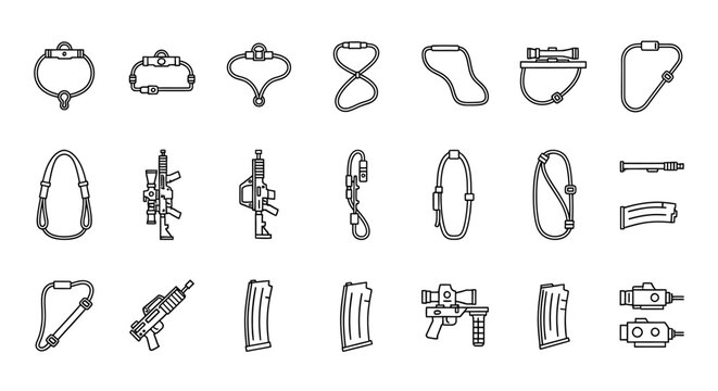 Set of minimalistic line art icons featuring weapon and tactical equipment