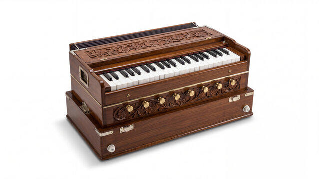 Elegant wooden Indian harmonium, a traditional musical instrument with detailed carvings and a keyboard, isolated on white background