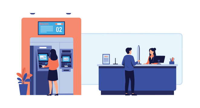 Busy bank interior with customers using an automated teller machine and receiving service from a bank teller at the counter.