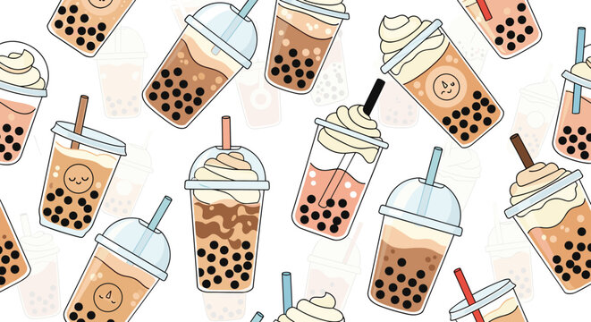 Colorful seamless pattern featuring various types of bubble tea in plastic cups with different flavors and delicious toppings.