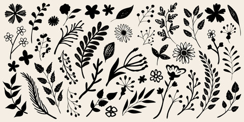 Black Ink Brush Stroke Floral Ornament Collection Detailed Botanical Illustration © Aduri