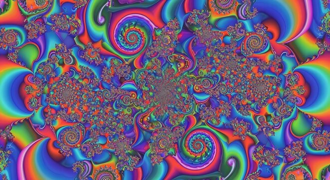 Fractal design features vibrant swirling patterns in a kaleidoscopic display of intense rainbow colors.