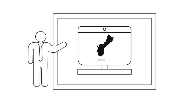 Man presenting Guam map on computer screen in a presentation.