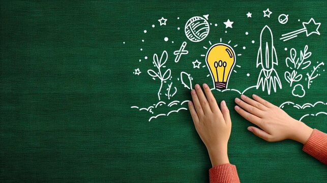 Layout Overlay Transparent Hands on Chalkboard with Creative Space Exploration Doodles