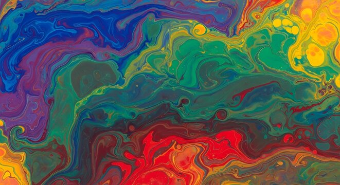 Colors swirl together in a vibrant fluid mixture that creates a dynamic and complex marble effect across the entire surface.