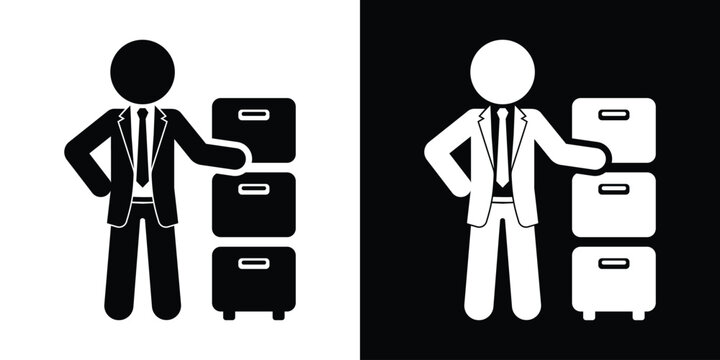 Office employee organizing files in storage cabinet icon. Document archiving, records management, and database administration concept. Black and white vector vector.