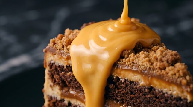 Captivating close-up of a rich, layered chocolate cake slice, exquisitely textured with crumbly toppings, as a luscious stream of golden caramel sauce cascades down, highlighting an enticing 