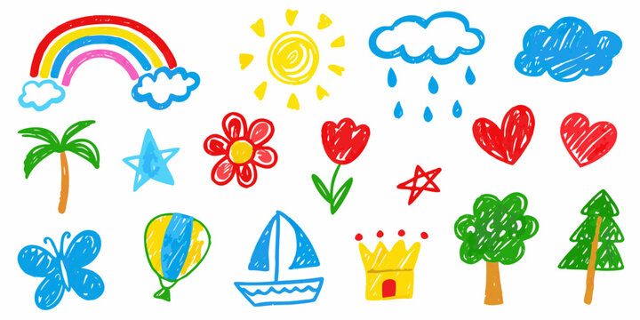 Colorful Children s Drawing Set Vector Illustration With White Background