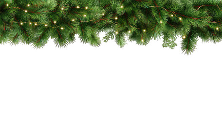 Seamless decorative christmas border with coniferous branches and garlands of christmas lights on transparent background © Design Zone