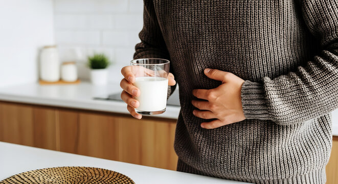 Person holding glass of milk with hand on stomach in kitchen pain