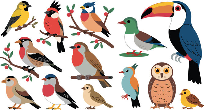 Colorful cartoon birds illustration set