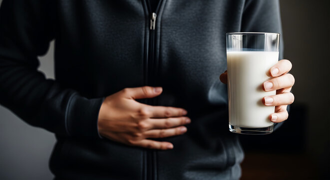Person holding glass of milk with hand on stomach pain