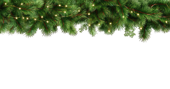 Seamless decorative christmas border with coniferous branches and garlands of christmas lights on transparent background