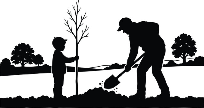 Tree planting silhouette scene with adult and child, environmental conservation, reforestation and sustainable community initiative