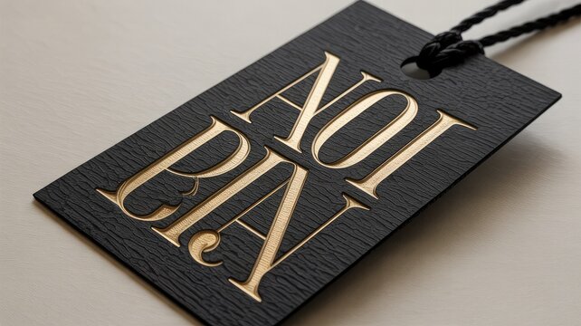 Elegant black luxury tag with gold foil lettering and a black cord isolated on transparent background