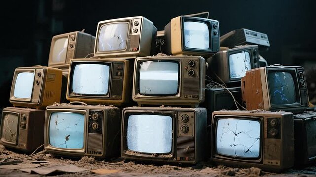 Vintage retro television stack video with broken CRT screens and glitch effects creating a nostalgic abandoned media and technology concept scene.