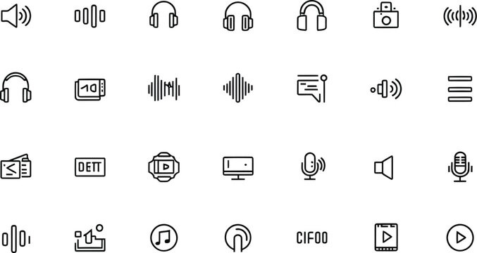 Multimedia line icons set headphones speakers microphones sound waves music notes video cameras playback illustration concept
