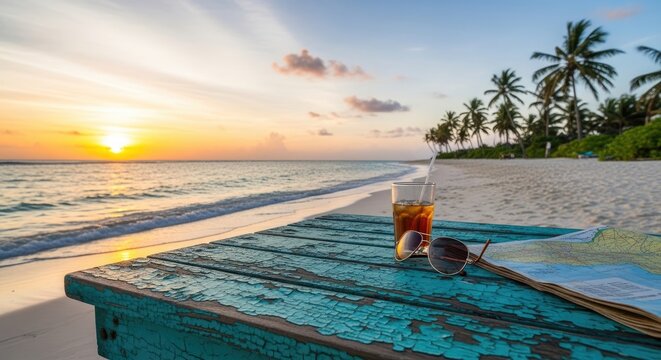 World day against trafficking in persons tropical beach scene with drink and map for awareness campaigns